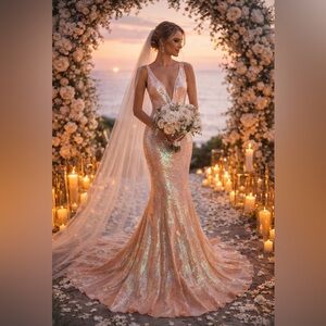 Jovani Sequined Beaded Deep V Mermaid Formal Evening Wedding Fairy Prom Dress